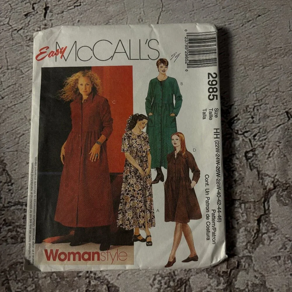 Easy McCalls Pattern 2985 HH for Women's Dresses